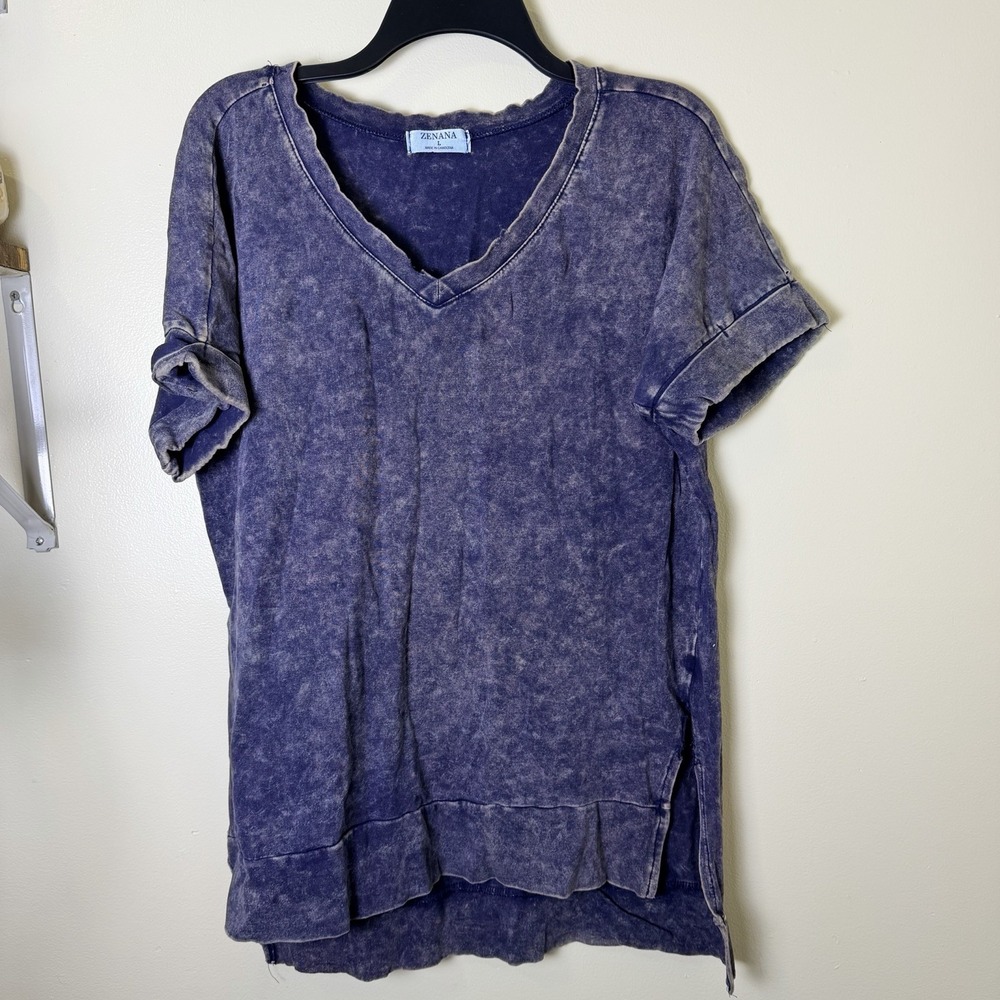Zenana Acid Crinkle-Washed Women's Large T-Shirt V-neck Grunge Boho
